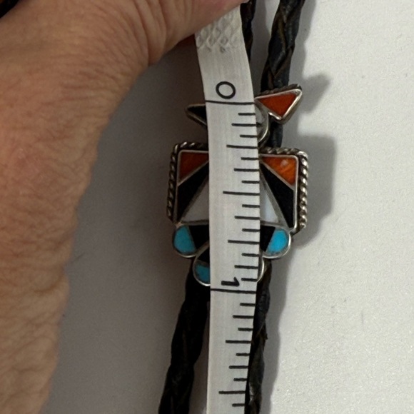 Bolo tie thunderbird Native American Turquoise,coral, mother of pearl,onyx - Picture 7 of 7
